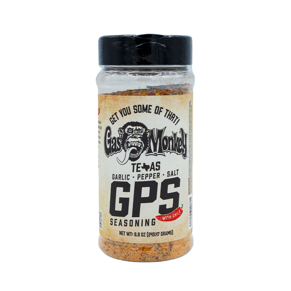 Front view of GMG Seasoning GPS w/ Chile 8.8oz bottle showcasing garlic, pepper, salt, and chile seasoning on black background
