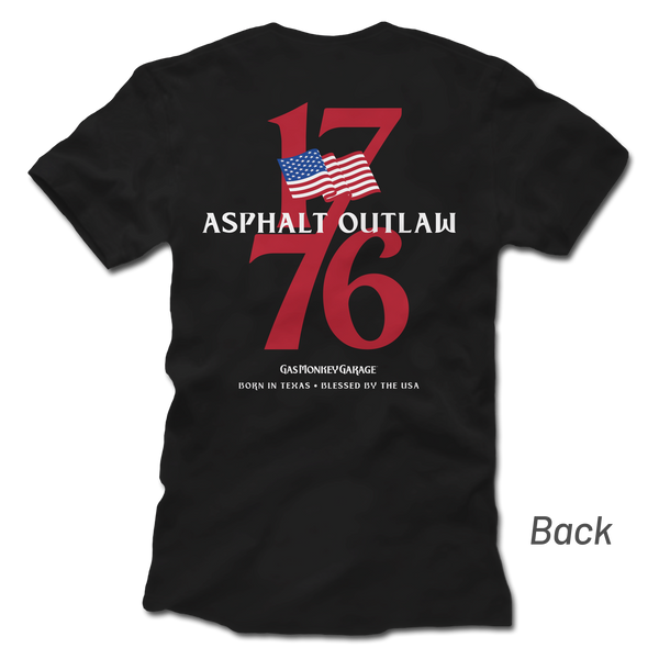 Back view of black GMG 1776 Asphalt Outlaw Tee showcasing oversized red 1776 graphic, American flag, and Asphalt Outlaw branding