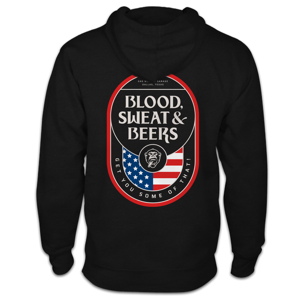 Back view of GMG BSB Patriot Badge Hoodie showcasing a black hoodie with Blood, Sweat & Beers patriotic badge