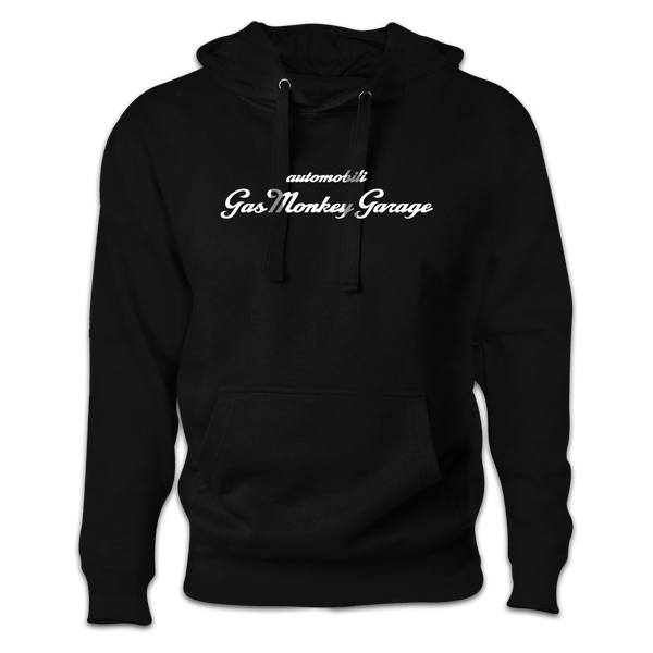 Front view of the black GMG La Macchina Hoodie showcasing a white script graphic and kangaroo pocket on a transparent background