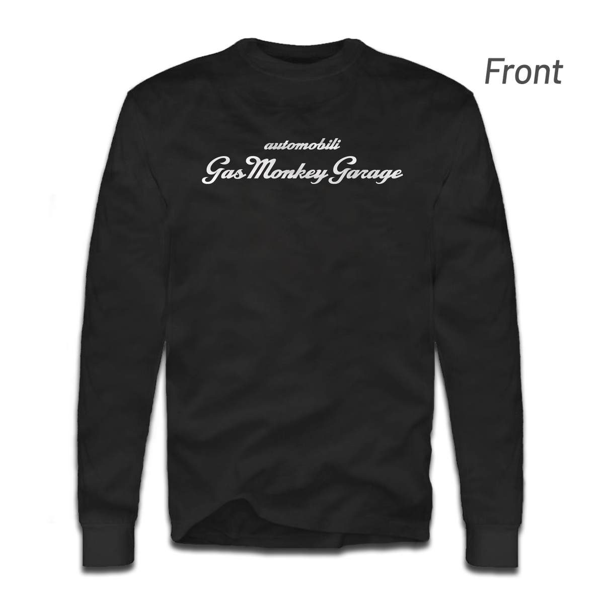 Front view of black GMG La Macchina long sleeve tee showcasing white Gas Monkey Garage script
