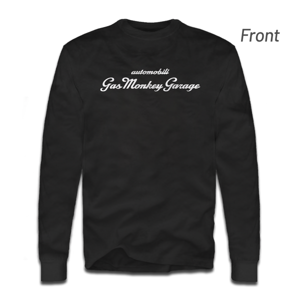 Front view of black GMG La Macchina long sleeve tee showcasing white Gas Monkey Garage script