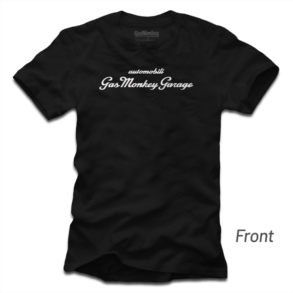 Front view of the GMG La Macchina Tee showcasing white Gas Monkey Garage script on a transparent background