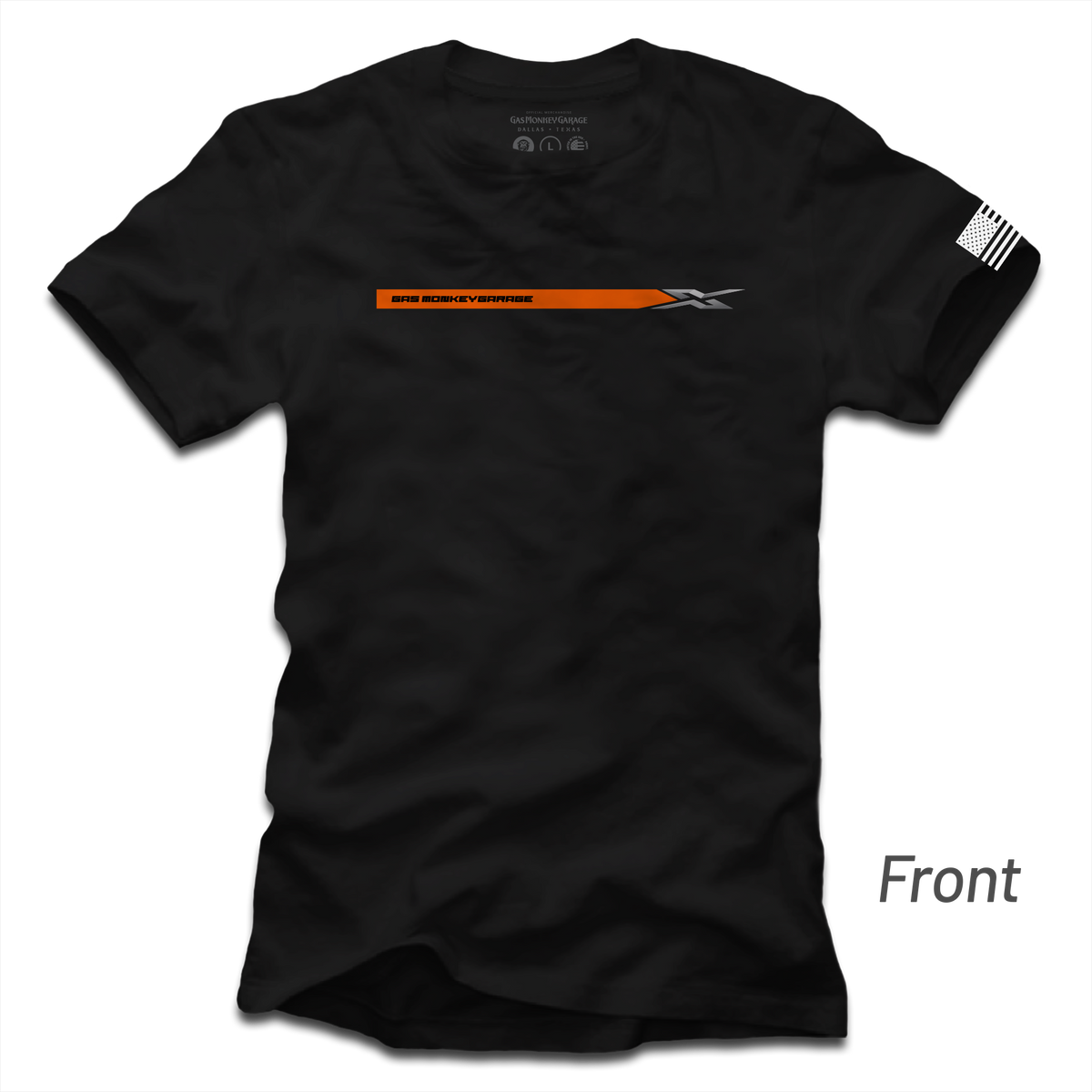 Front view of GMG Performance X Stack Tee showcasing black short sleeves and orange and gray chest graphic