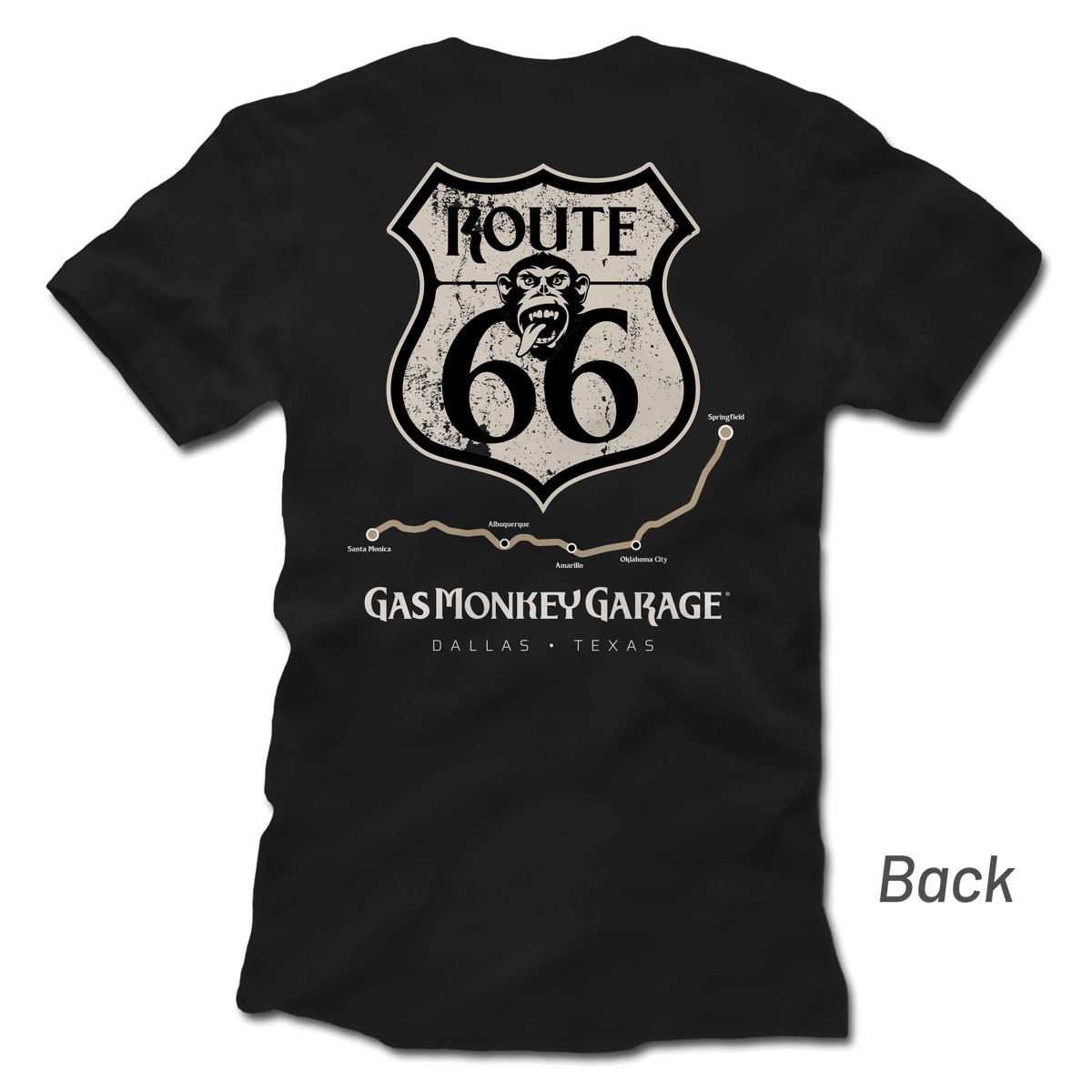 Back view of GMG Route 66 Long Road Tee showcasing a Route 66 map and Gas Monkey Garage graphic on black fabric