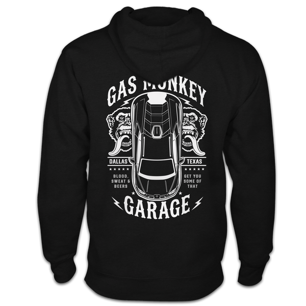 Back view of black GMG Top Down Hoodie showcasing top-down Lamborghini Sterrato artwork with twin Monkey faces