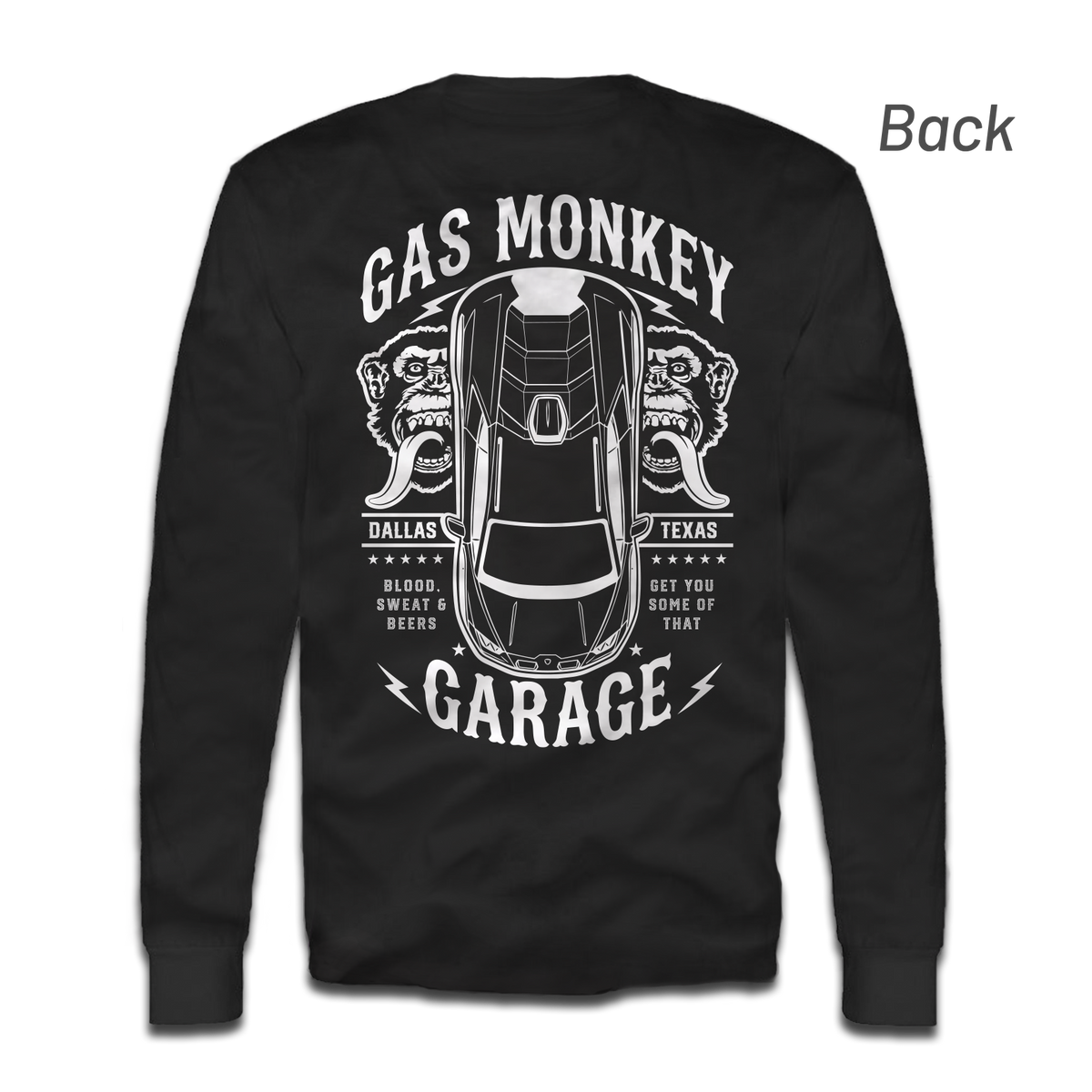 Back view of black GMG Top Down Long Sleeve Tee with top down Lamborghini Sterrato artwork and twin Monkey faces