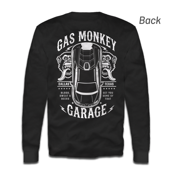 Back view of black GMG Top Down Long Sleeve Tee with top down Lamborghini Sterrato artwork and twin Monkey faces