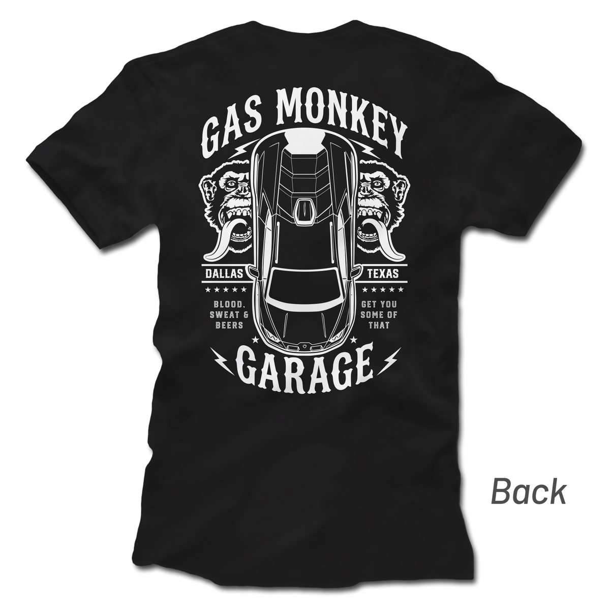 Back view of black GMG Top Down Tee with top-down Lamborghini Sterrato, twin monkey faces, and Gas Monkey Garage lettering