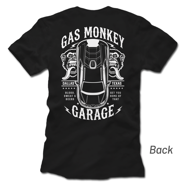 Back view of black GMG Top Down Tee with top-down Lamborghini Sterrato, twin monkey faces, and Gas Monkey Garage lettering