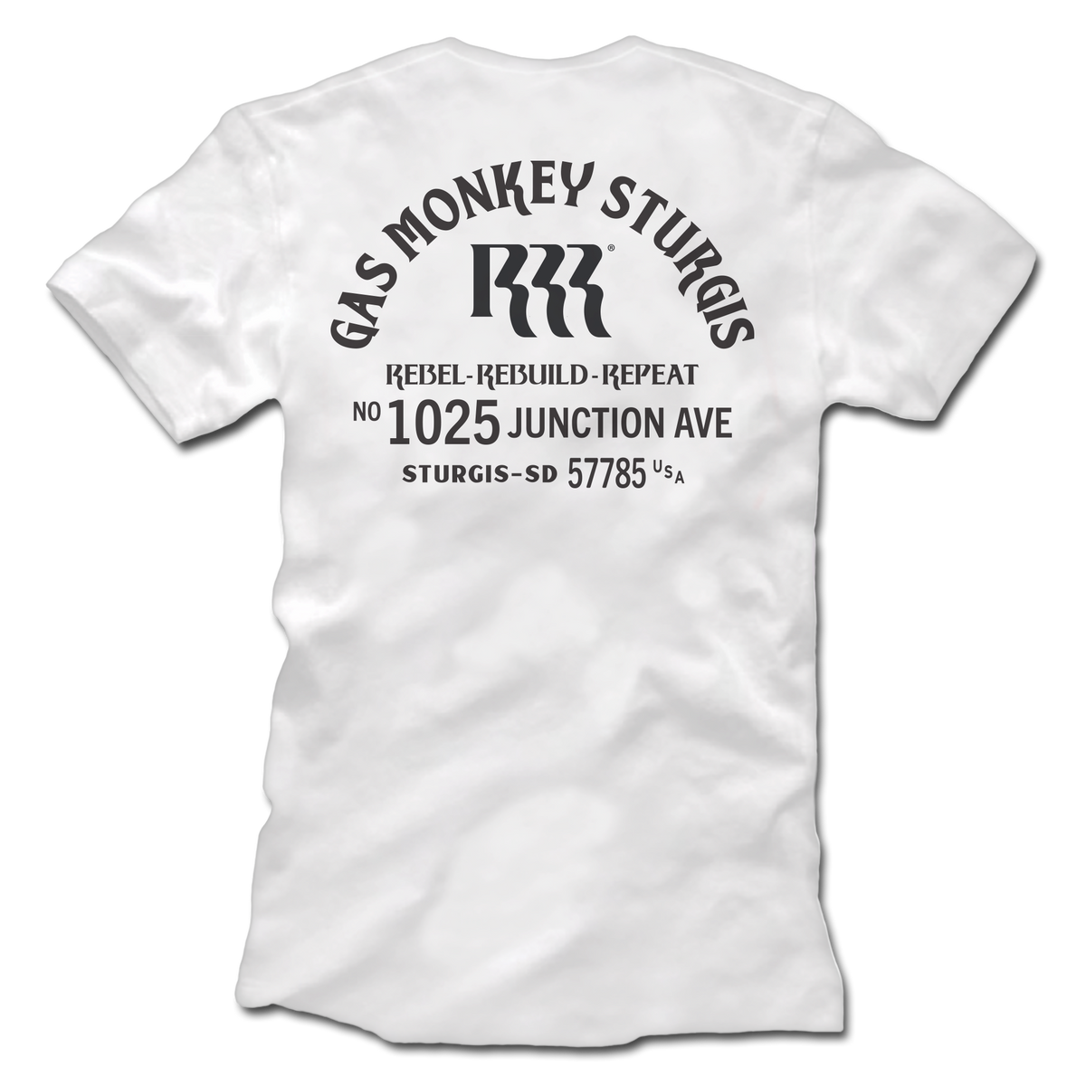 Front view of GMS RRR Arch Text Tee showcasing white fabric and an arched Gas Monkey Sturgis graphic with black text