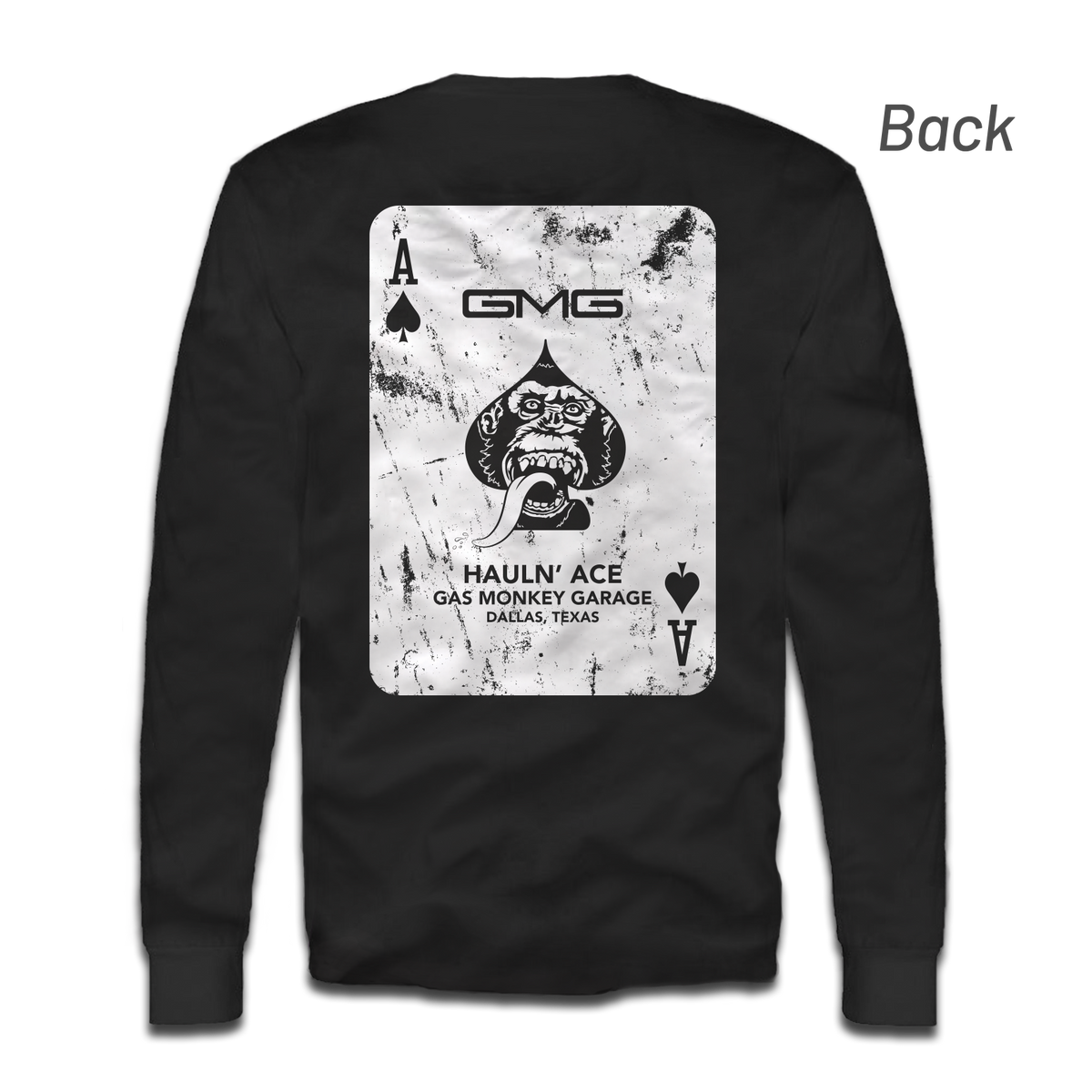 Back view of GMG Haulnβ Ace Long Sleeve Tee showcasing a large Haulnβ Ace card graphic on black cotton fabric