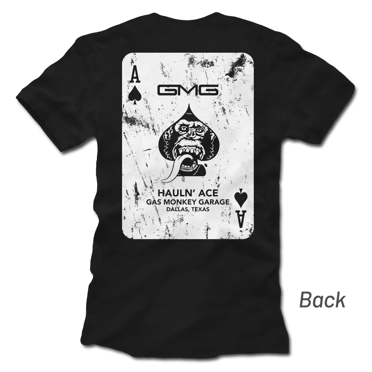 Back view of black GMG Hauln Ace short sleeve tee showcasing a playing card graphic on transparent background
