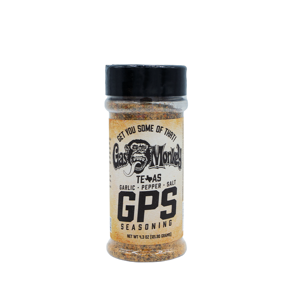 Front view of GMG GPS Seasoning 4.3oz bottle showcasing garlic, pepper, and salt blend with black background