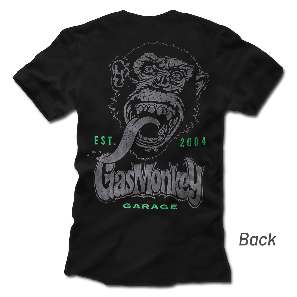 Back view of GMG Classic Monkey Tee with oversized Gas Monkey face, Gas Monkey Garage graphic, and EST. 2004 on white