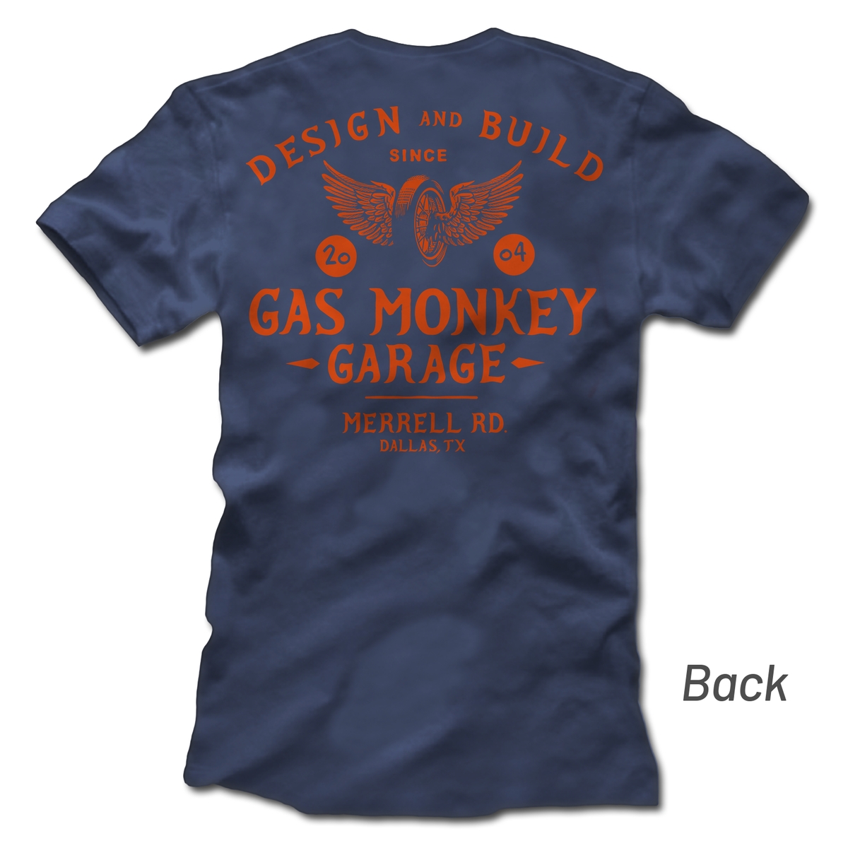 Back view of the navy GMG Flying Monkey Tire Tee showcasing an orange winged tire graphic and Gas Monkey Garage text on white