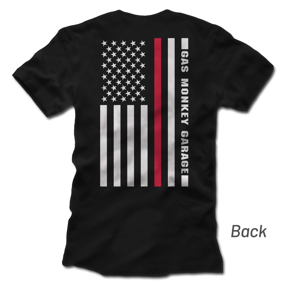 Back view of GMG Thin Red Line Tee showcasing a black cotton shirt with Thin Red Line flag design and Gas Monkey Garage text