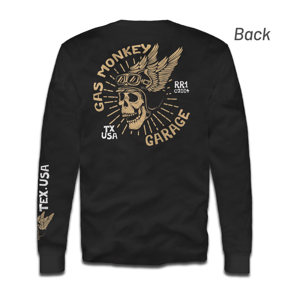 Back view of the black GMG Skull Logo Long Sleeve Tee showcasing a winged skull graphic and sleeve logo on a transparent background