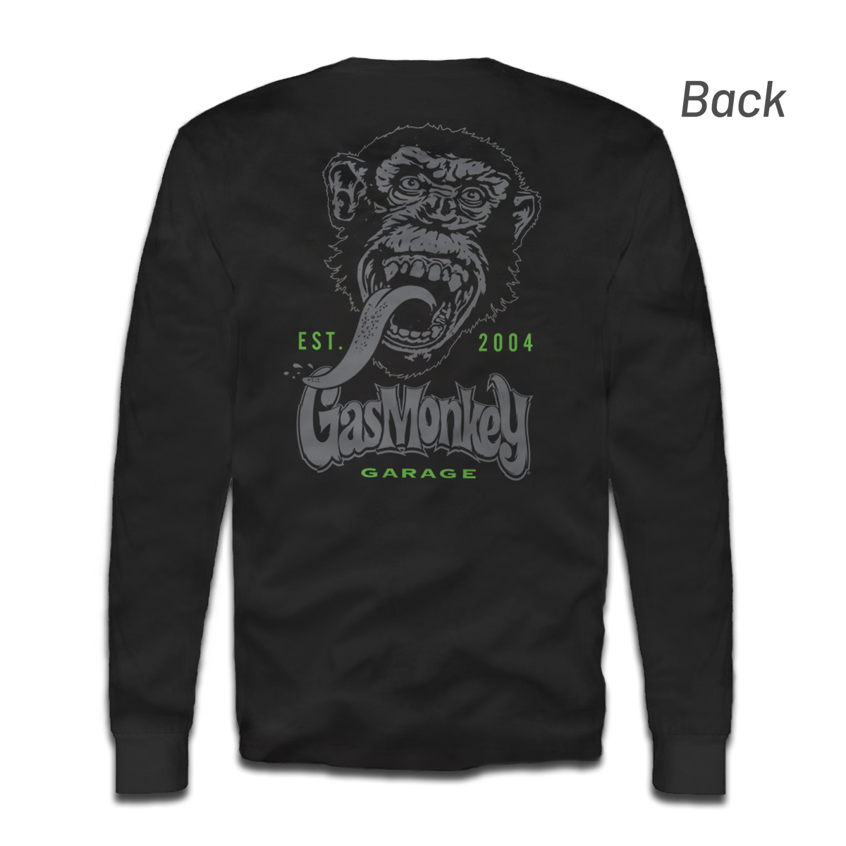 Back view of GMG Classic Monkey Long Sleeve showcasing oversized Gas Monkey face design on black fabric
