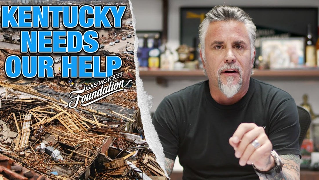 Kentucky Needs Our Help with a man addressing viewers beside storm debris and the Gas Monkey Foundation logo