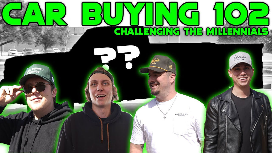 Four men pose in front of a car for the Car Buying 102: Challenging the Millennials video