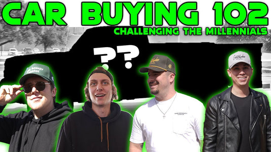Four men pose in front of a car for the Car Buying 102: Challenging the Millennials video
