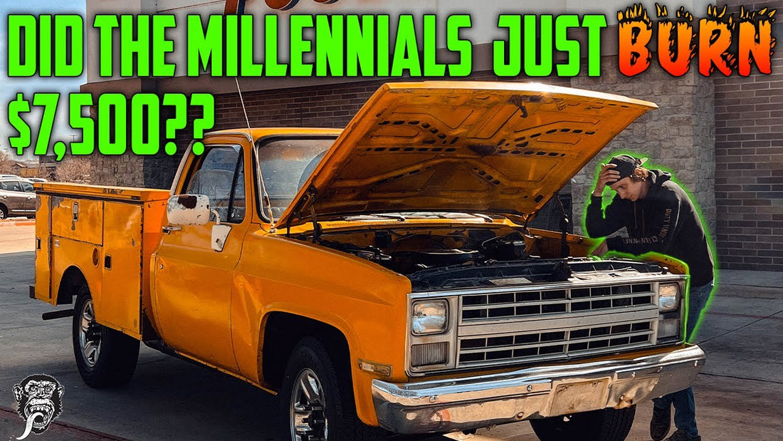 Orange classic utility truck with hood open as a person inspects the engine, headline asks if millennials burned their budget