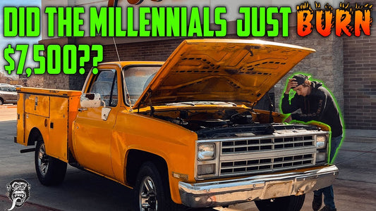 Orange classic utility truck with hood open as a person inspects the engine, headline asks if millennials burned their budget