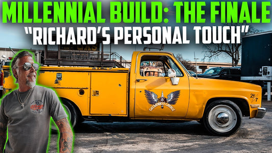 Richard Rawlings beside a yellow 1987 Chevy work truck with Millennial Build: The Finale and Richard’s Personal Touch text