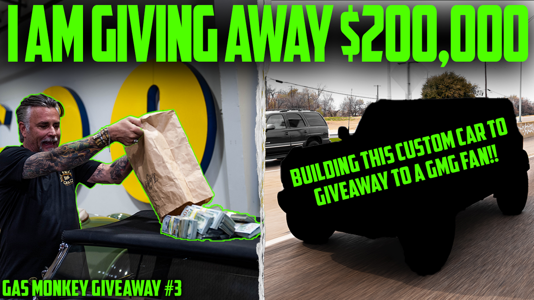 Richard Rawlings holds a cash-filled bag beside a custom vehicle with large Gas Monkey giveaway text