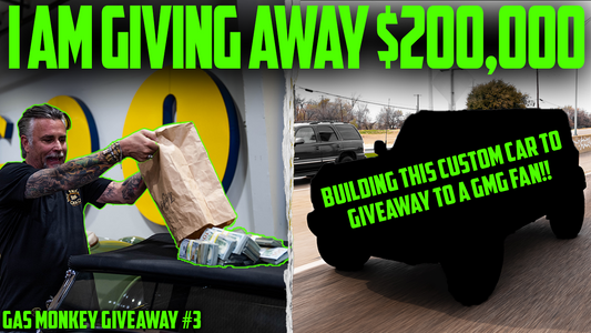 Richard Rawlings holds a cash-filled bag beside a custom vehicle with large Gas Monkey giveaway text