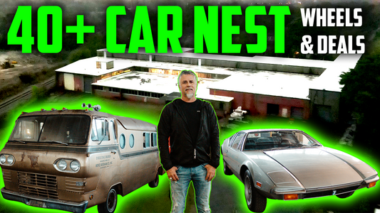 Richard Rawlings stands between a vintage van and sports car outside an abandoned factory with 40 plus Car Nest Wheels and Deals text