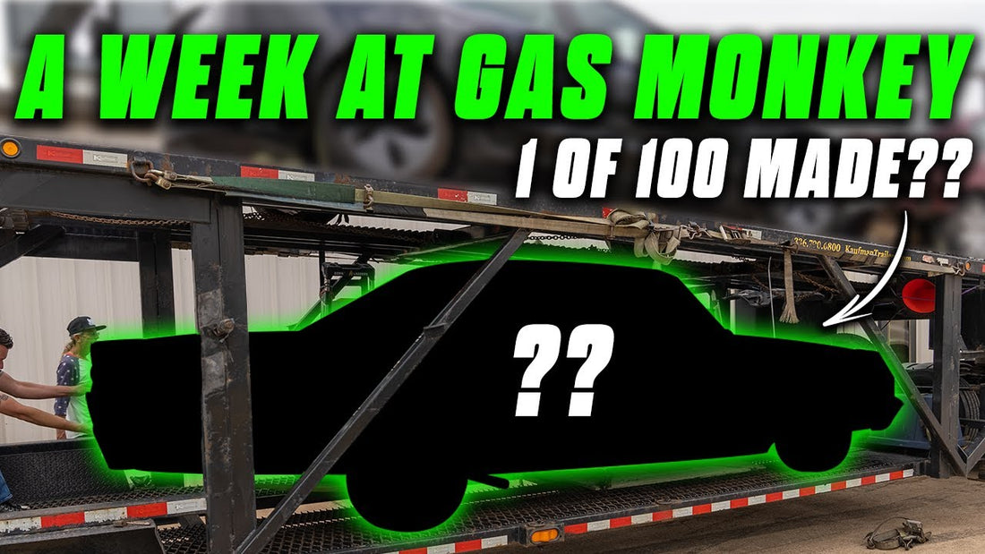 Black silhouette of a vehicle on a trailer with people nearby; headline reads A Week at Gas Monkey, 1 of 100 Made?