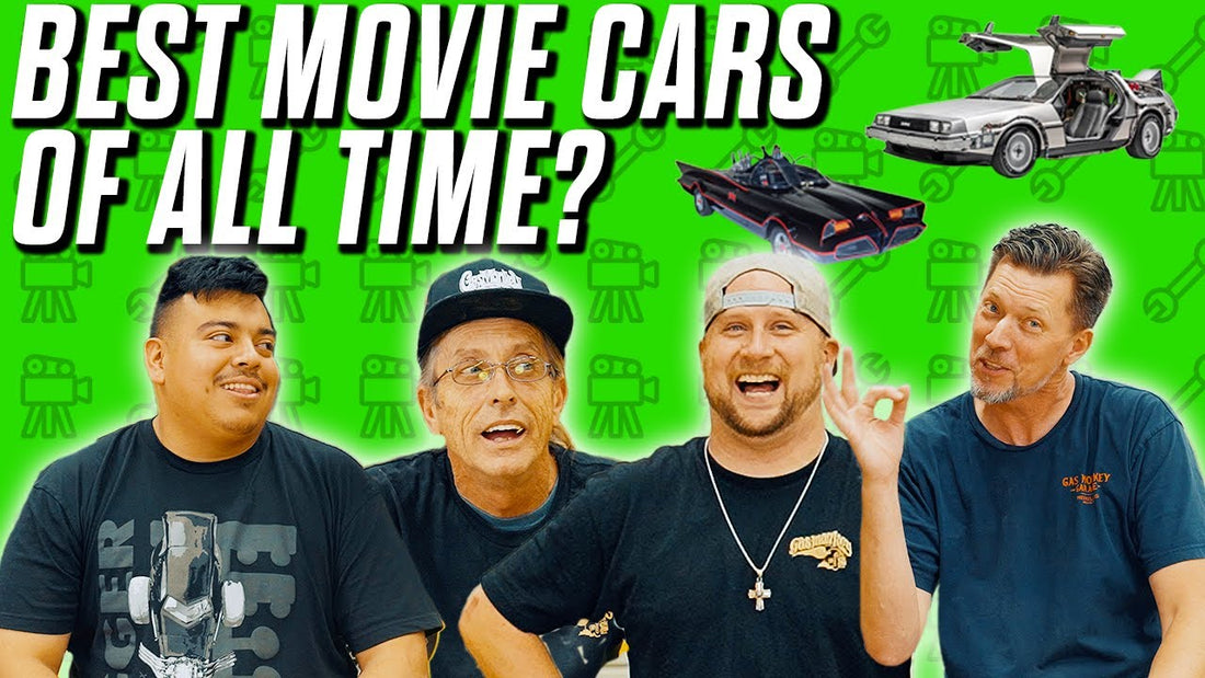 Promotional graphic showing four men and two movie cars with the headline Best Movie Cars of All Time?
