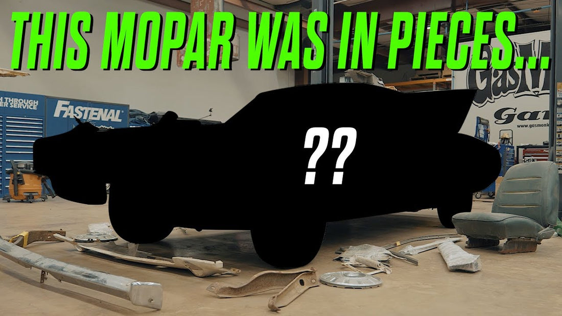 Mopar car under restoration in a workshop with overlay text This Mopar was in pieces