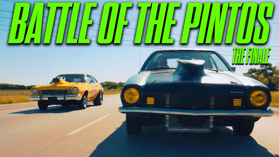 Two Pinto cars drive on a road beneath the headline Battle of the Pintos The Finale