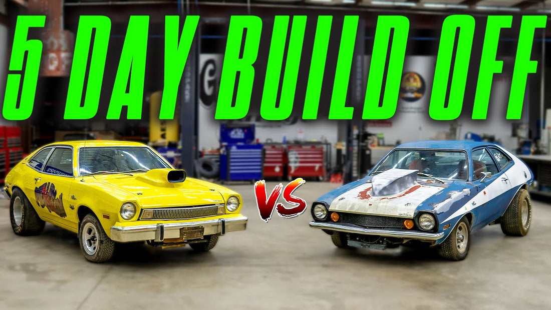 Two Pinto race cars face off in a garage during a 5 day build off