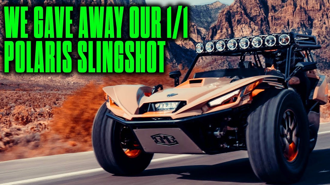 Polaris Slingshot driving through a desert landscape with text reading We gave away our 1/1 Polaris Slingshot