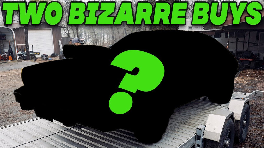 Two bizarre buys: blacked-out vehicle on a trailer with a green question mark