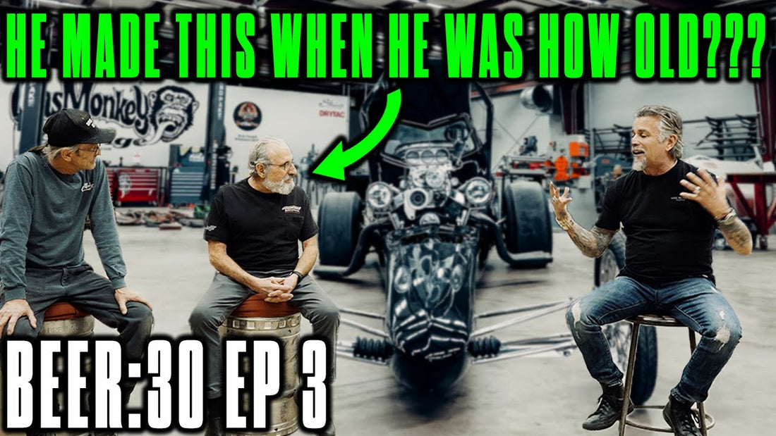 Three men discuss The Digger automotive legend in a garage with headline He made this when he was how old and Beer 30 EP 3