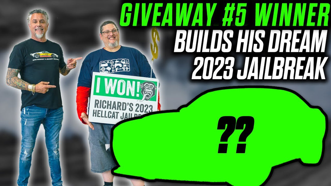 Two men celebrate as the Giveaway #5 winner designs his dream 2023 Jailbreak beside a bright green car graphic and winner sign