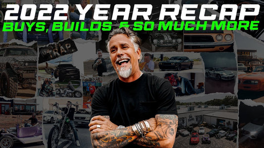 Gray-haired, tattooed man in front of a collage of cars with text reading 2022 Year Recap Buys, Builds & So Much More