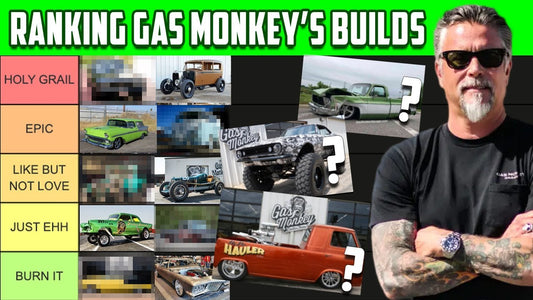Tier-list graphic showing Gas Monkey Garage builds ranked from Holy Grail to Burn It beside Richard Rawlings