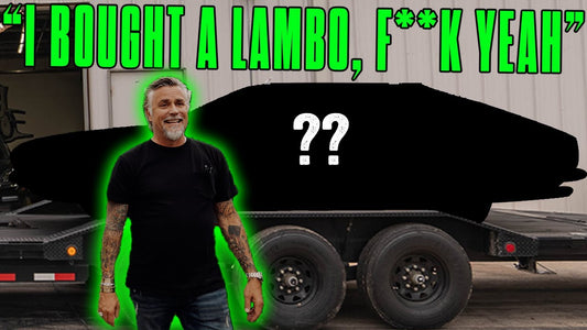 Richard Rawlings stands beside a covered car on a trailer with headline about buying a Lamborghini