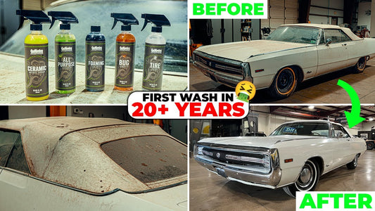 Before and after comparison showing a MOPAR car cleaned after its first wash in more than 20 years