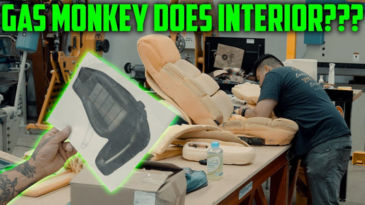 Worker repairs tan truck seats in a workshop with the headline Gas Monkey Does Interior