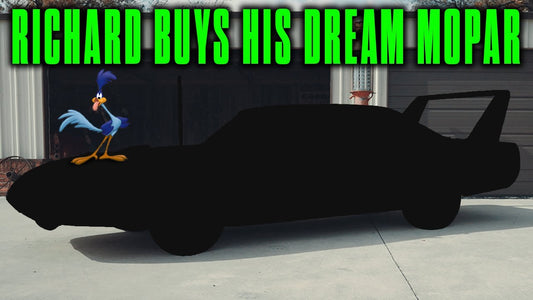 Side view of a silhouetted Mopar car with a cartoon bird on the roof and headline reading Richard buys his dream Mopar