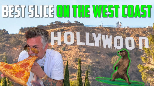 Man eating a pepperoni pizza in front of the Hollywood sign with a bear surfing; headline reads Best Slice on the West Coast