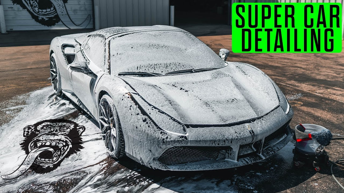 Foam-covered Ferrari 488 Spider being washed during supercar detailing