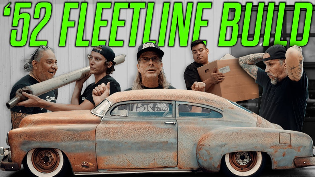 Rusty 1952 Fleetline coupe with five builders behind it and 52 Fleetline Build headline